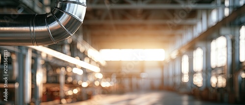Industrial interior with gleaming metal ducts, bathed in soft sunlight