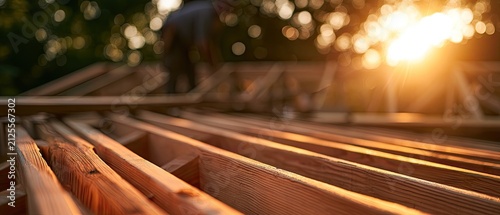 Building a wooden roof structure at sunset with warm golden light