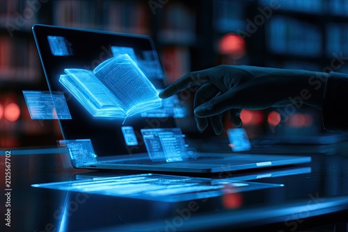 Futuristic holographic book interaction on a laptop screen in a dim library