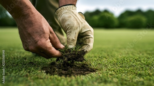 A gloved hand repairs a golf course divot with grass and soil