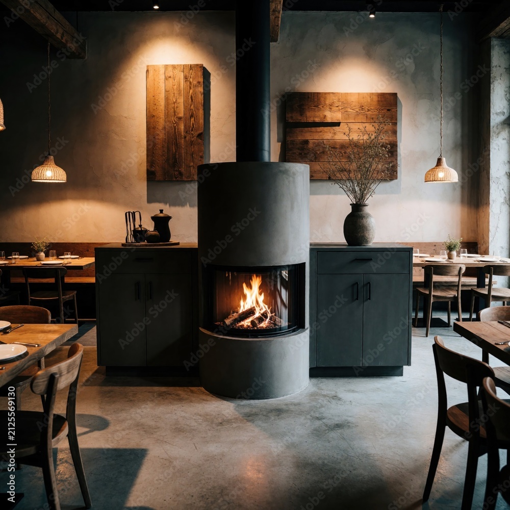 Obraz premium Empty modern rustic restaurant interior features central fireplace with burning wood fire. Stylish eatery room dark wood furniture brown decor, minimalist lighting. Calm coastal dinner venue provides