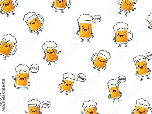 Cute cartoon beer mugs with happy faces and speech bubbles pattern on a white background