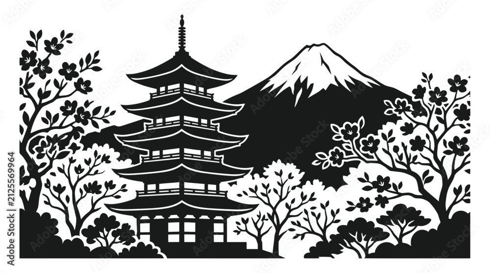 Obraz premium Asian temple with cherry blossoms and mountain silhouette.