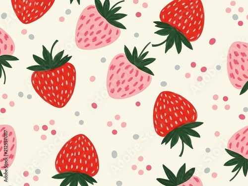 Seamless pattern of red and pink strawberries with small dots, creating a charming and sweet berry motif