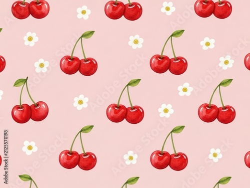 Seamless pattern of bright red cherries with small white flowers on a pink background, creating a sweet floral motif