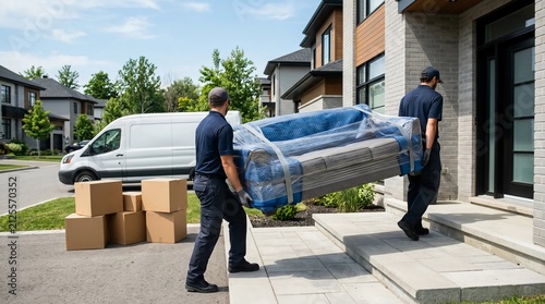 Professional Moving Crew Delivering a Wrapped Sofa into a Residential Home with Cardboard Boxes