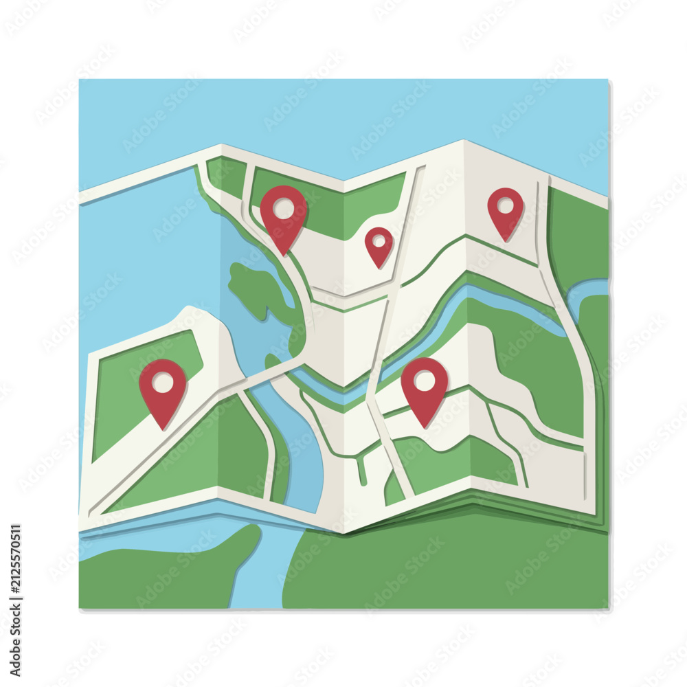 Fototapeta premium Abstract map with red location pins, navigation concept