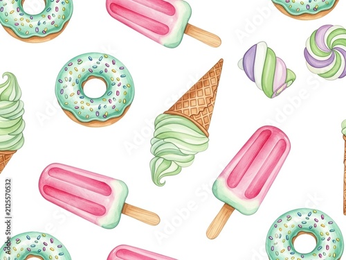 Assorted pastel desserts including donuts, popsicles, ice cream cones, and marshmallows