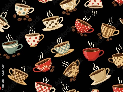 Vintage coffee cups pattern with steaming hot beverages and scattered beans on black background