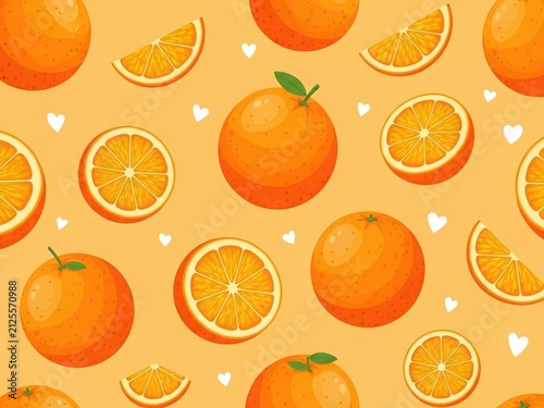 Vibrant orange pattern with whole fruits and slices for a fresh citrus summer design