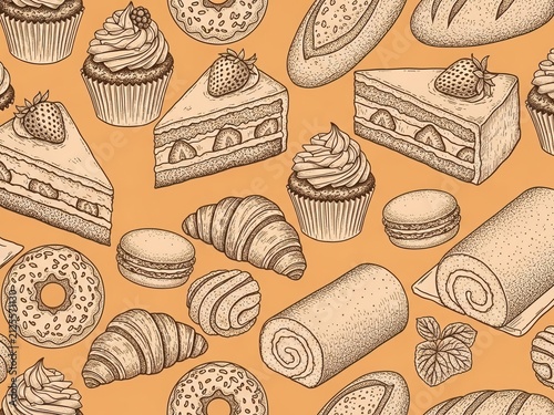 Assortment of delicious baked goods with croissants, cupcakes, cakes, and pastries creates a delightful bakery pattern