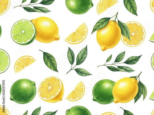 Pattern of fresh lemons and limes with leaves on a white background, showcasing vibrant citrus fruits