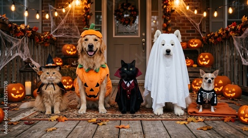 Cat and dogs in halloween costumes sitting on a decorated porch