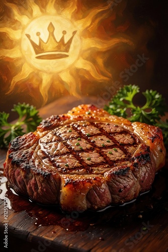 Grilled beef steak sits on wooden board with fresh herbs. Glowing golden sun shape with royal crown icon shines above meat. Juicy meal represents premium quality food service. Luxury restaurant menu
