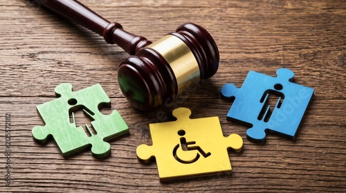 Gavel with puzzle pieces showing diversity symbols on wooden background