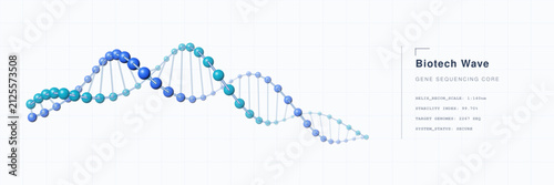 Abstract DNA helix structure with flowing blue nodes, representing scientific gene sequencing and biotechnology innovation in minimalist vector design