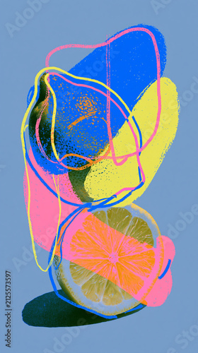 A vibrant abstract illustration featuring a lemon slice with overlapping blue, yellow, and pink shapes and fluid lines on a light blue background.
