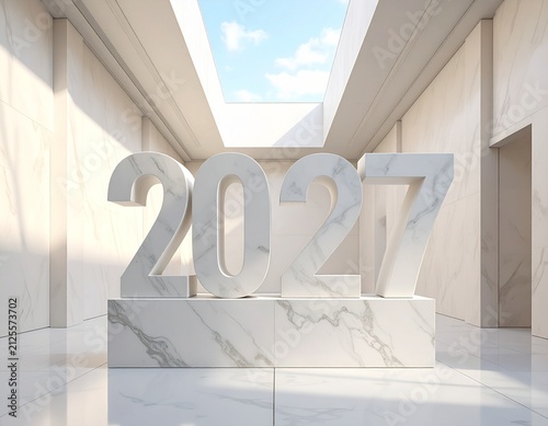 3D rendering of the year 2027 made of white marble in a modern architectural room with bright sunlight