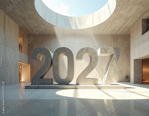 Large Stone 2027 Year Date Sculptures Standing in a Minimalist Concrete Hallway with Natural Sunlight Streaming from a Ceiling Ocular