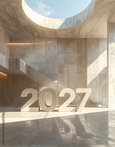 Modern Minimalist Architectural Interior Featuring Large Concrete 2027 Numerals Under a Circular Skylight for Future Planning Concept