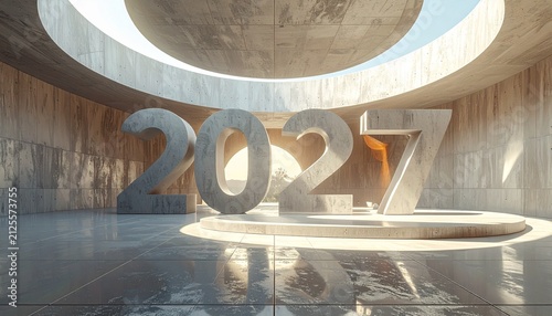 Futuristic 3D 2027 numbers displayed in brutalist concrete architecture with glowing sunlight