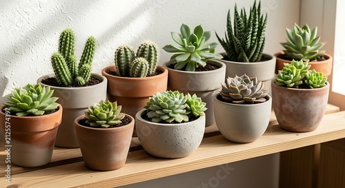 Collection of small potted succulents and cacti arranged on wooden shelf in bright natural light