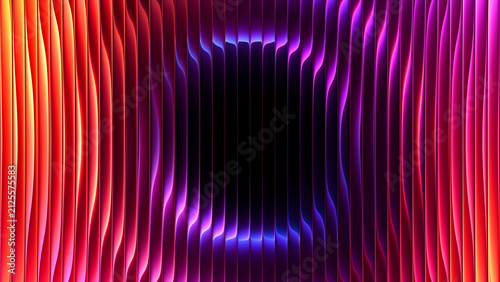 Circular gradient refracted through ribbed glass with luminous pink orange glow. Futuristic glowing circle behind vertical fluted glass for creative advertising, music cover, event flyer. 3d render