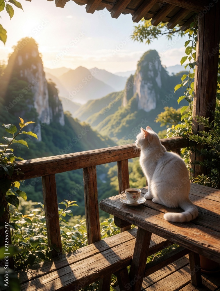 Obraz premium White cat sits on wooden balcony table with coffee cup. Pet looks at rocky mountain peaks during golden morning sunrise. Scenic terrace view overlooks nature hills in summer. Calm animal rests on