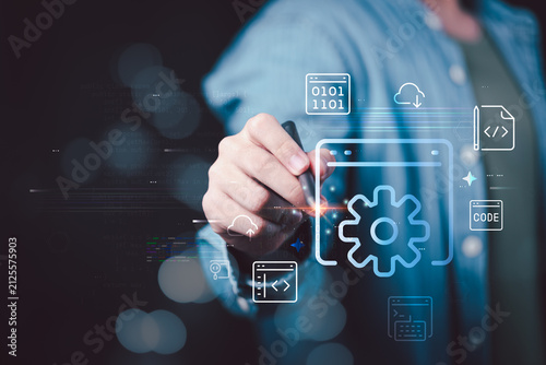 Foto Software developer builds software development, programming, application develop