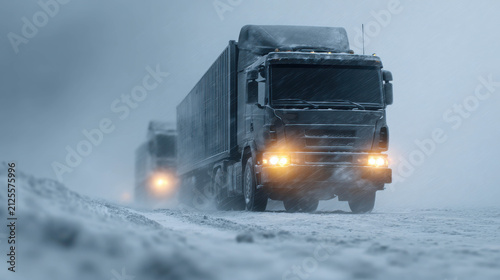 Two trucks driving through a heavy snowstorm on a wintry road. The trucks are dark-colored with their headlights on, illuminating the white snowy landscape