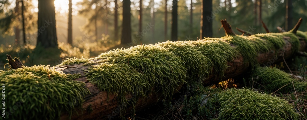 Obraz premium Golden morning sunlight illuminates soft green moss growing on fallen pine tree trunk in dense forest. Bright sunbeams shine through tall woods behind wooden log. Natural ecosystem environment
