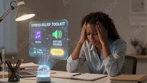 Stressed woman uses holographic stress relief toolkit at her desk.