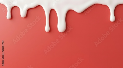 Close up of thick white paint or cream dripping down on solid red wall with dripping background abstract consistency backdrop