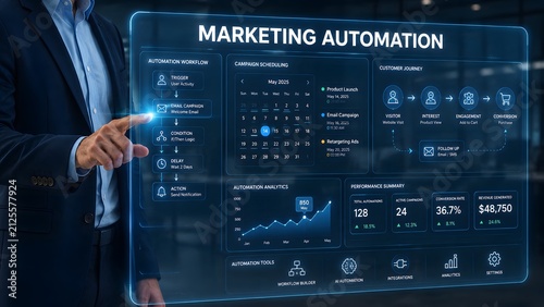 A business professional interacting with a futuristic holographic digital interface displaying marketing automation data analytics and performance metrics dashboard