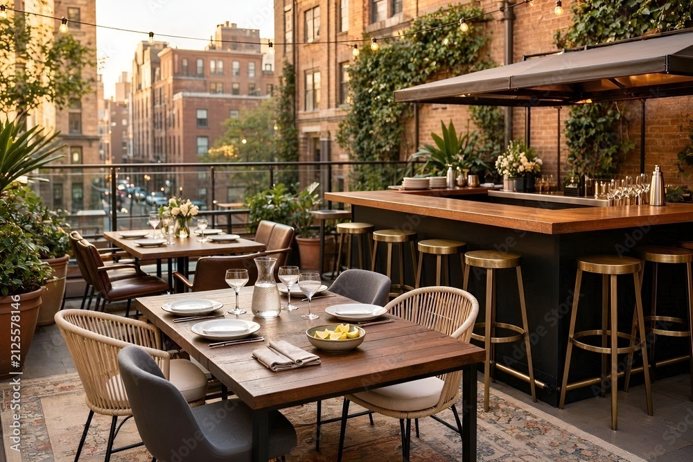 Obraz premium Empty Intimate Outdoor Lounge Restaurant's Luxury Courtyard Terrace Area in Urban New York City with Bar, Table Dining, and Seating Chairs. Happy Hour Friends Party Outdoor Cafe Drinking Time Together