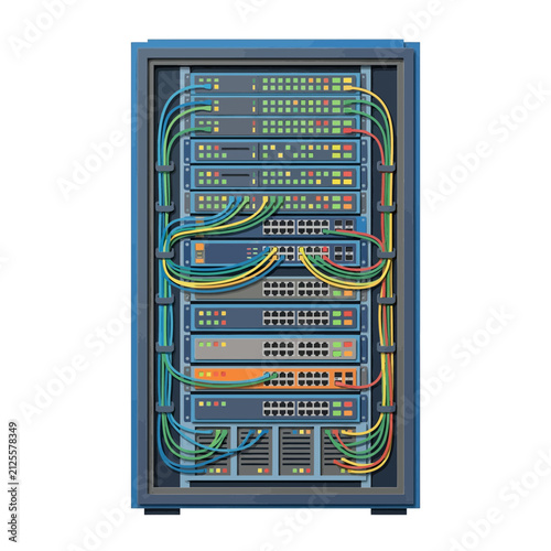 Server rack with network cables, data center equipment, technology concept