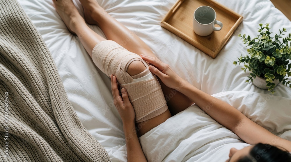 Fototapeta premium Woman touches injured knee with elastic compression bandage in white bed at home. Female patient resting during leg recovery process. Person receives medical rehabilitation after surgery sprain