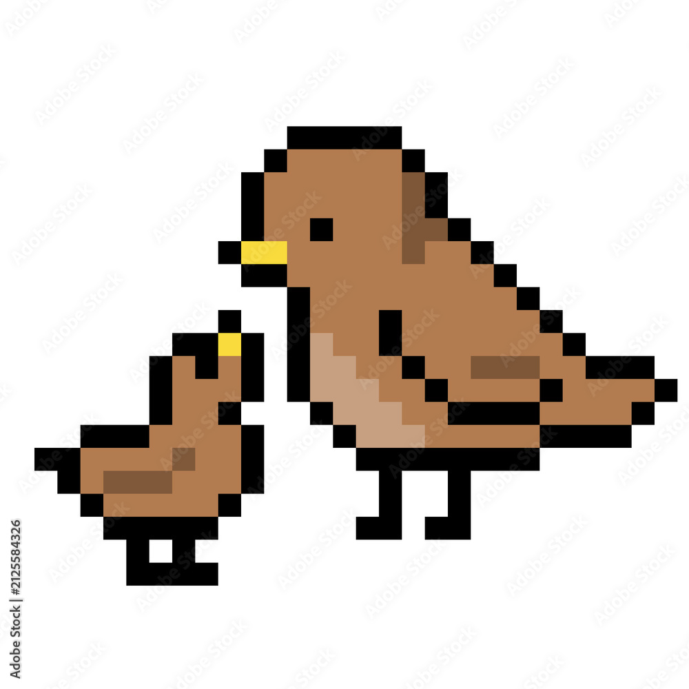 Fototapeta premium Cute mother bird feeding baby chick pixel art 8 bit illustration