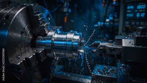 A CNC lathe processing a titanium metal component, featuring metallic silver and blue reflections and precision industrial technology, set against a dark, dramatic factory background.