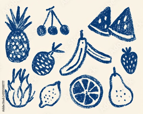 Handdrawn blue crayon fruit collection set