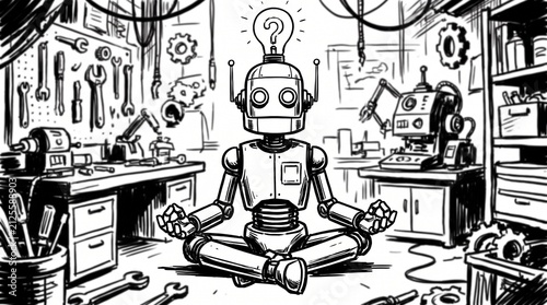 Robot Meditating in High Tech Workshop Environment