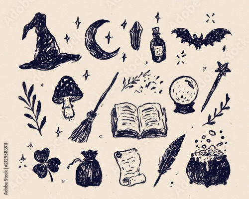 Collection of magical witch and wizard items handdrawn in blue ink style