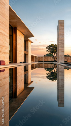 Modern travertine building with reflection pool at sunset