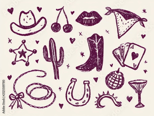 Set of handdrawn western and country themed icons including cowboy hat, boots, and cactus