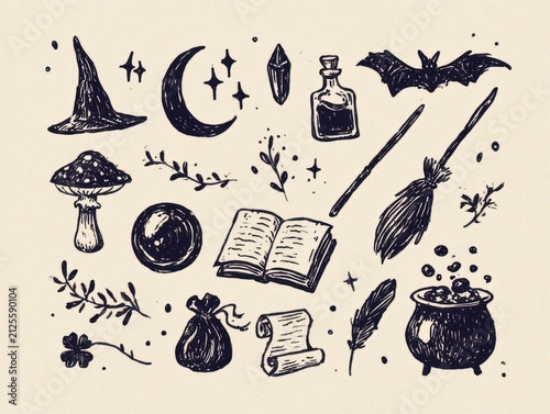 Set of handdrawn witch and magic themed elements
