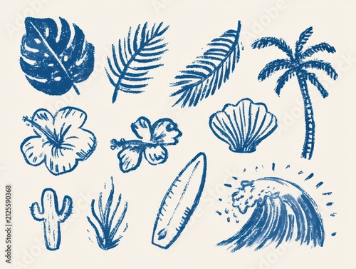 Tropical summer set with blue crayon hand drawn illustrations of palm tree monstera hibiscus ocean wave surfboard