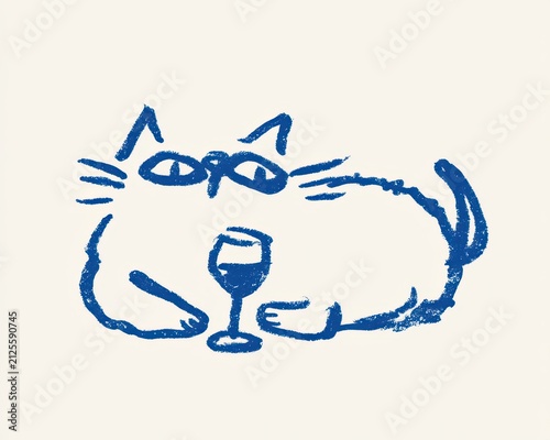 Cute handdrawn cat holding a glass of wine, whimsical blue crayon sketch style illustration