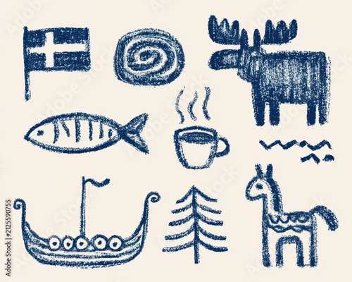 Scandinavian icons set including moose, dalahorse, viking ship, and flag, blue crayon sketch style