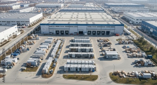 Expansive Aerial View of a Modern Industrial Warehouse and Distribution Facility with Extensive Loading Docks and Stored Goods