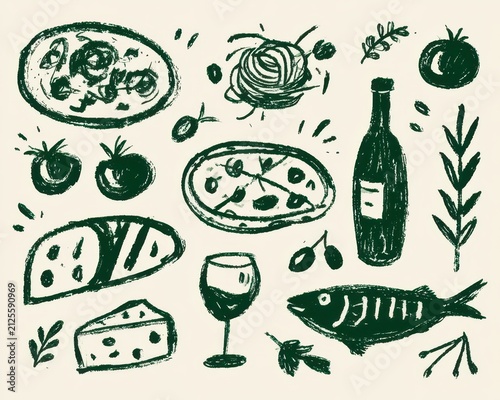 Hand drawn italian food illustration set